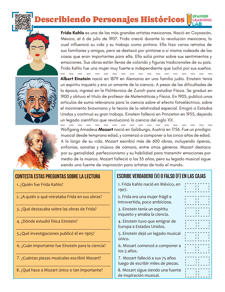 Describiendo personajes históricos en español - ejercicios de lectura en hoja de trabajo en pdf / Describing historical figures in Spanish - reading exercises in pdf worksheet