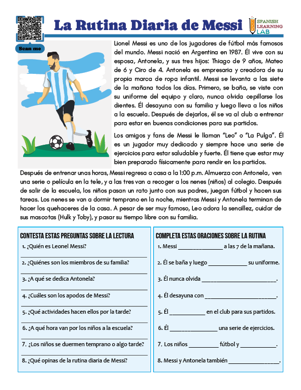 Lectura sobre la rutina diaria de Lionel Messi con ejercicios en PDF