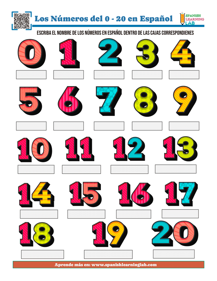 Spanish numbers from zero to twenty in Spanish PDF worksheet with answers