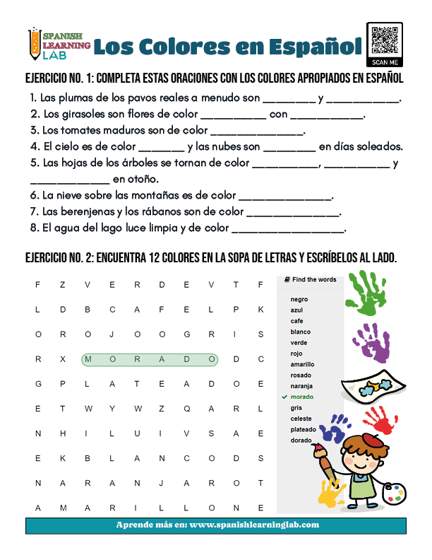 Los colores en español ejercicios sopa de letras pdf - Colors in Spanish PDF worksheet word soup 