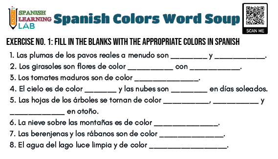 A PDF worksheet for a Word Soup of Spanish Colors and sentences
