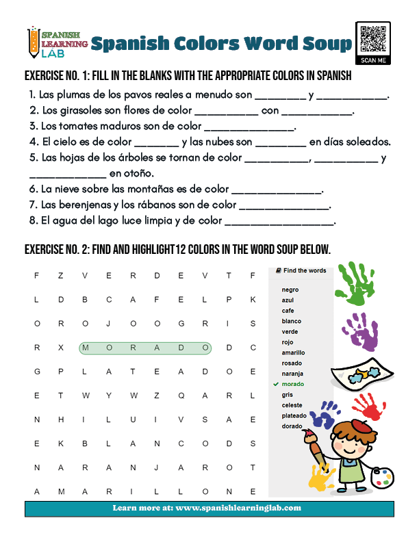 Word soup and fill in the blanks activity for Spanish Colors in a PDF Worksheet