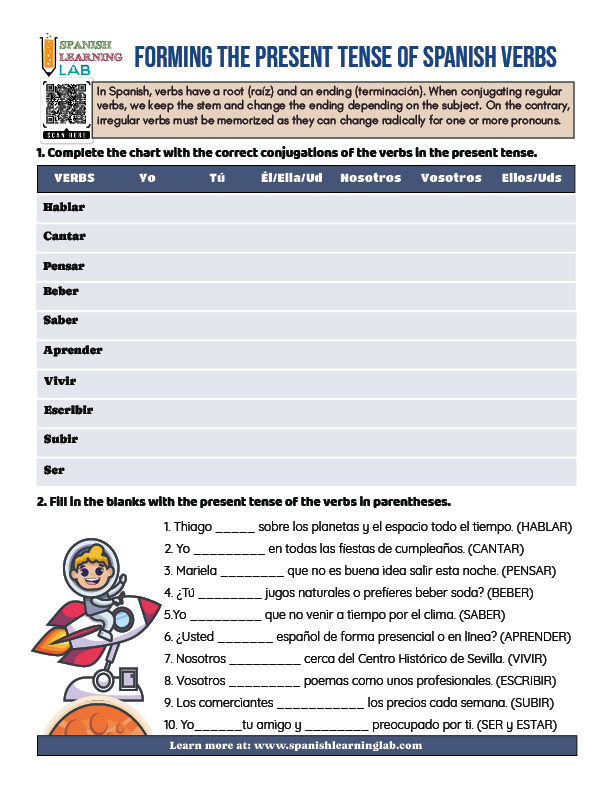 Forming the present tense of Spanish  regular and irregular verbs and making sentences PDF worksheet