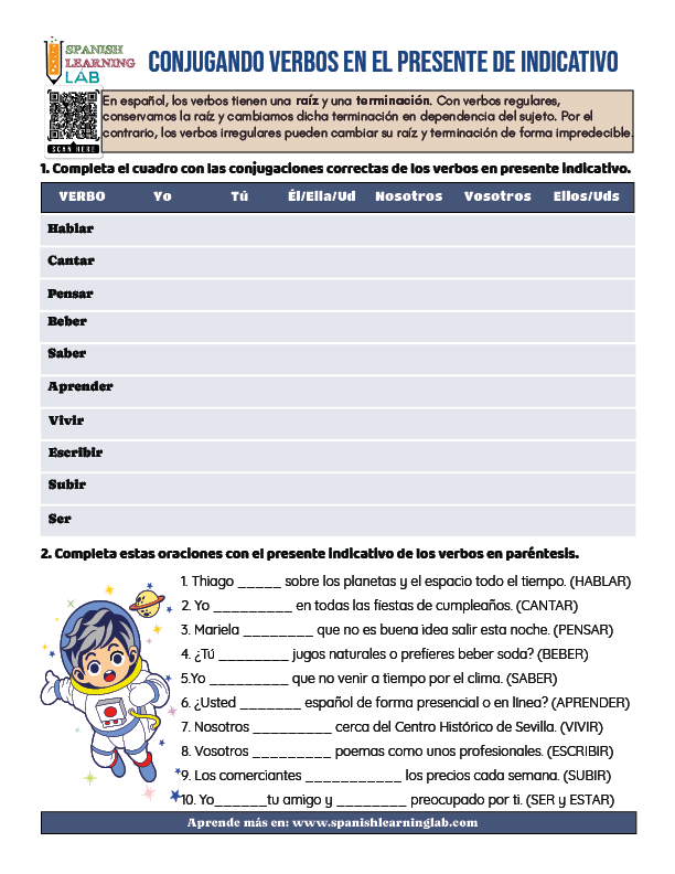 Spanish verbs conjugation in the present tense PDF worksheet Conjugando verbos en el presente indicativo en español ejercicios