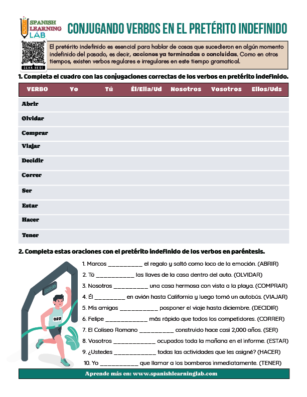 Ejercicios sobre los verbos en el pretérito indefinido en español en PDF