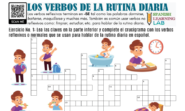 daily routine verbs in-Spanish PDF worksheet ejercicios sobre la rutina diaria crucigrama