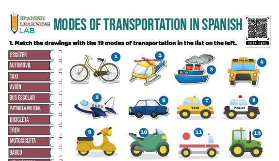 means of transport in Spanish pdf worksheet