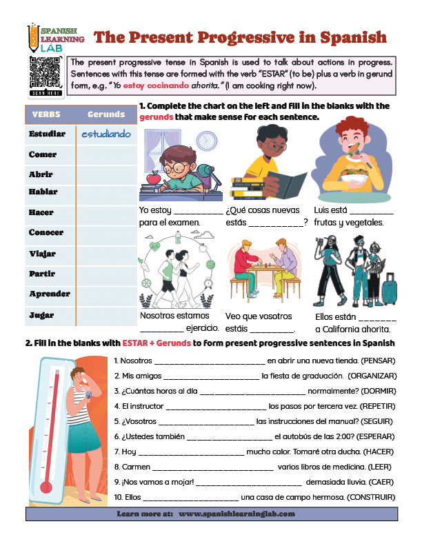Exercises to practice the present progressive in Spanish through a PDF worksheet