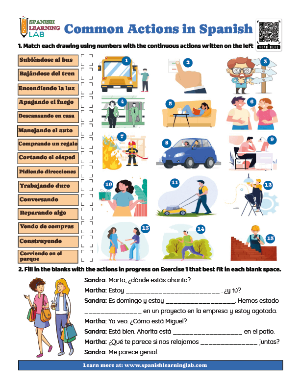 A PDF worksheet with exercises on the vocabulary for common actions in Spanish