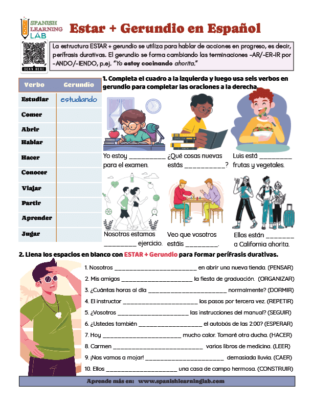 Usando Estar + Gerundio en Español en Ejercicios en PDF