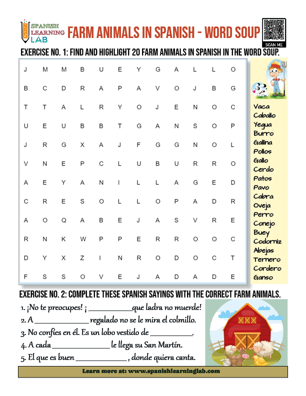 A word soup for Farm animals in Spanish in a PDF worksheet