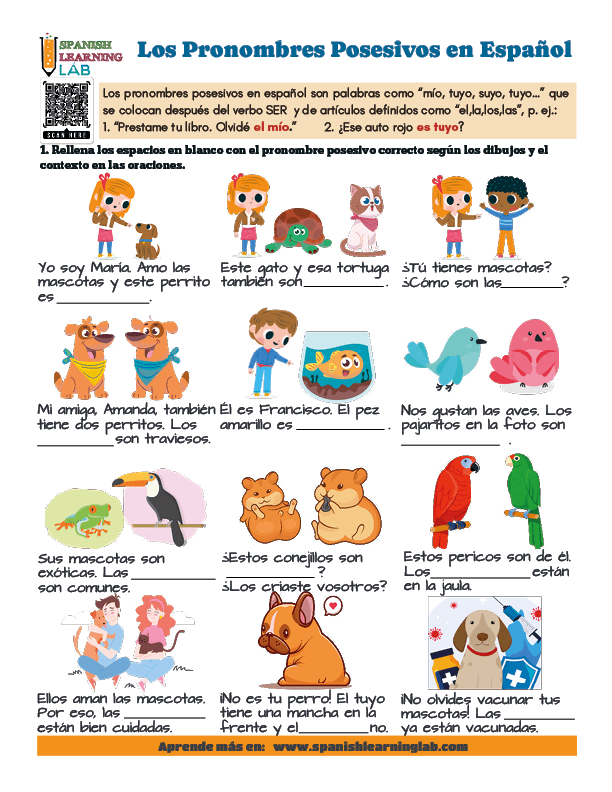 Los pronombres posesivos en español hoja de trabajo con ejercicios en PDF