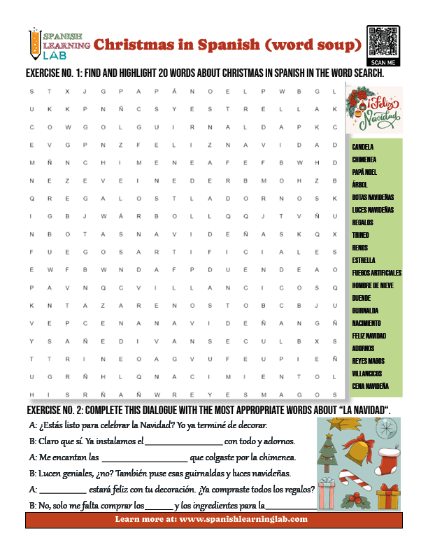 A word soup activity for Christmas vocabulary in Spanish and a short conversation