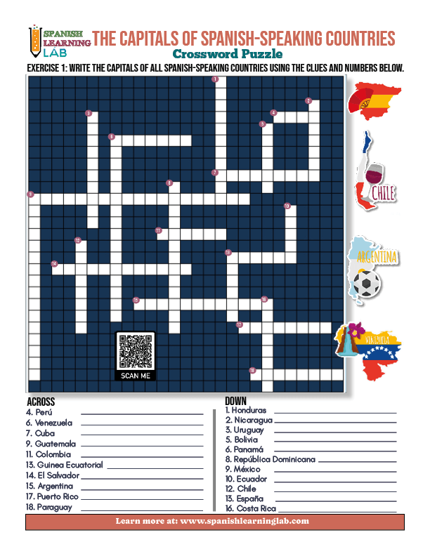 The capitals of Spanish speaking countries in a crossword puzzle in a PDF worksheet