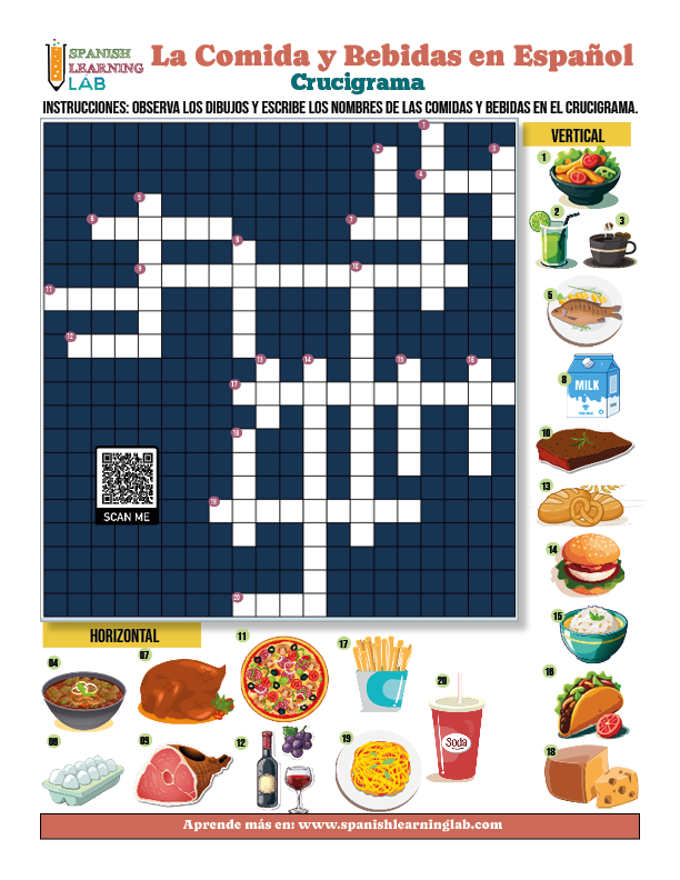 Un crucigrama sobre el vocabulario de la comida y las bebidas en español en PDF e interactivo