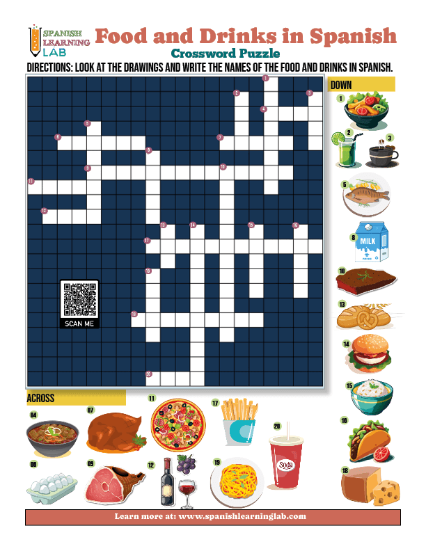 Food and drinks in Spanish Crossword Puzzle PDF Worksheet