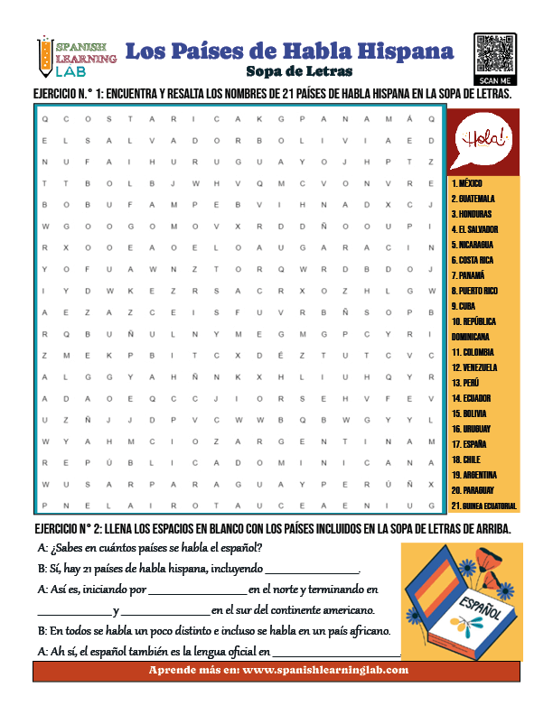Los países de habla hispana sopa de letras de vocabulario en español PDF