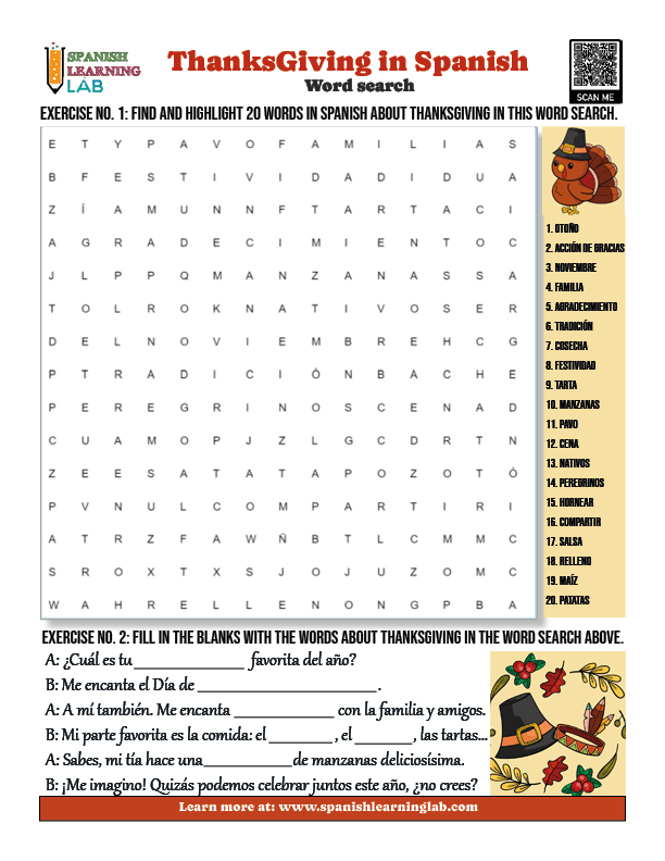 Thanksgiving in Spanish through a word search activity and a cool fill-in-the-gaps activity