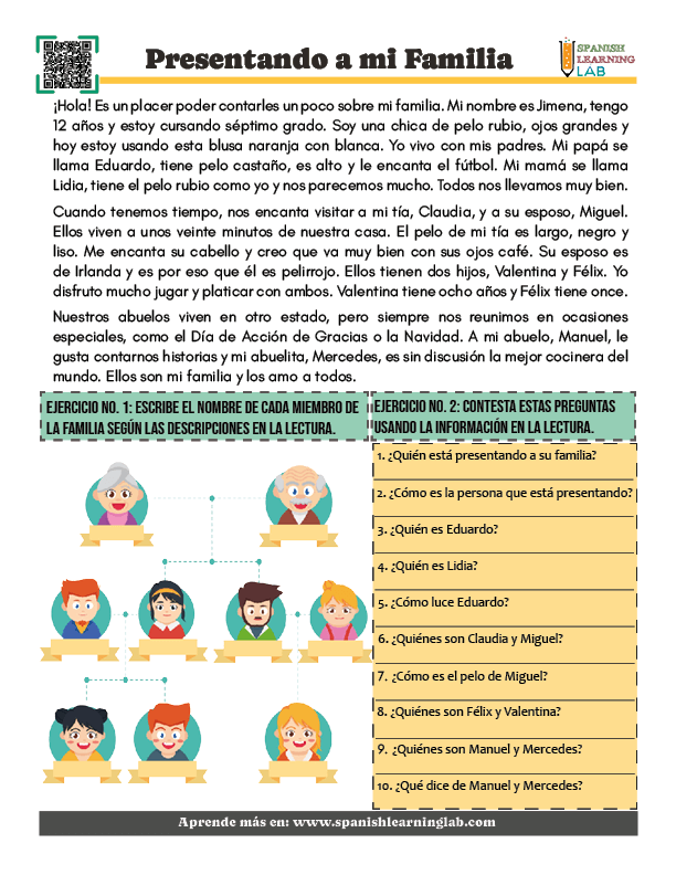 Una hoja de trabajo en PDF con lectura y ejercicios presentando y describiendo a la familia en español