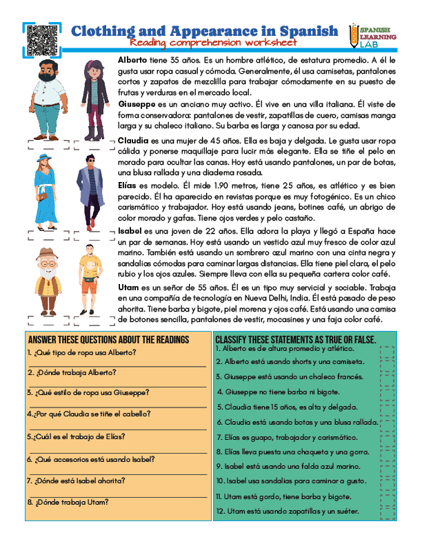 A PDF worksheet to practice reading about clothing and the vocabulary for physical appearance in Spanish