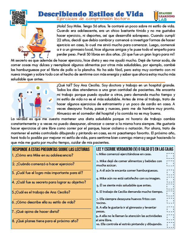Describiendo estilos de vida en español, lectura con ejercicios en PDF