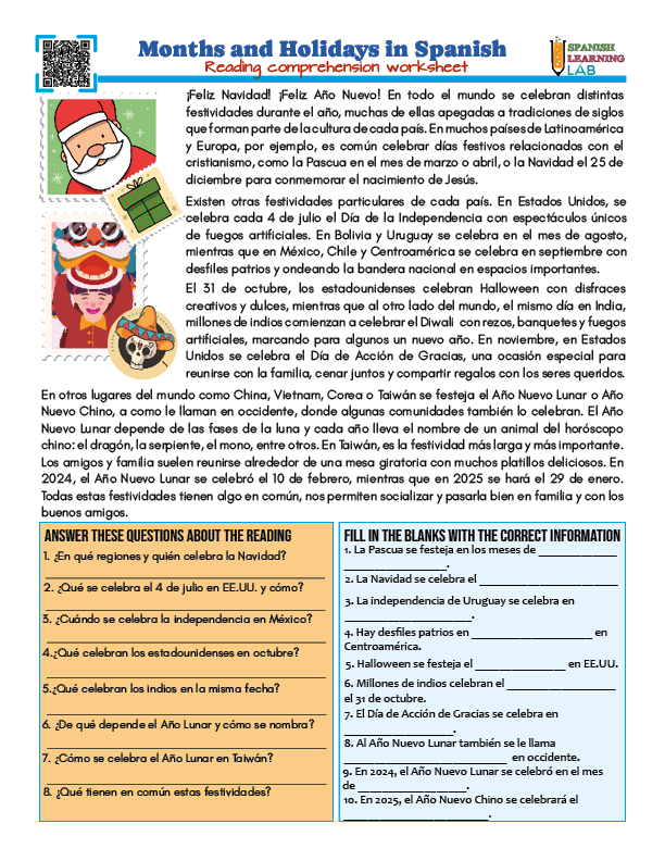 Months and Holidays in Spanish PDF Reading Worksheet with exercises