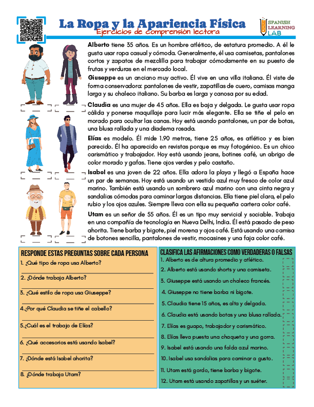 Ejercicios de comprensión lectora en hoja de trabajo en PDF sobre la ropa y la apariencia física de las personas