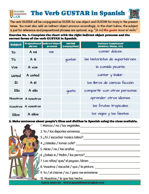 The verb GUSTAR in Spanish PDF grammar worksheet with exercises
