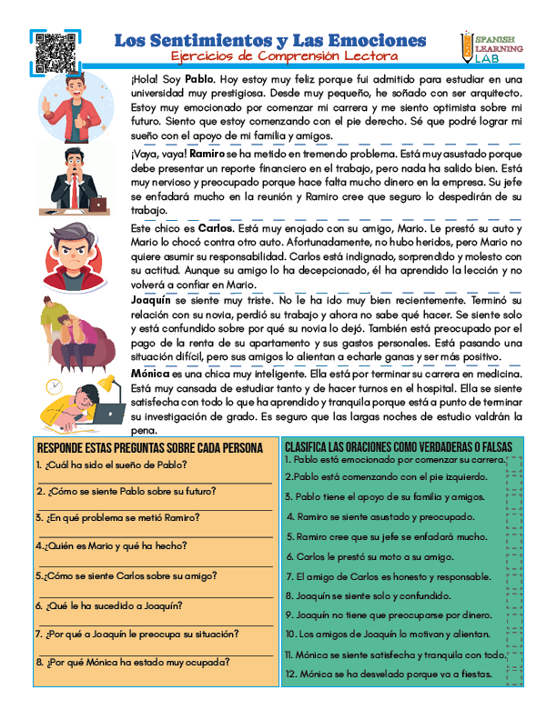 Ejercicios de comprensión lectora en una hoja de trabajo en PDF sobre los sentimientos y las emociones en español