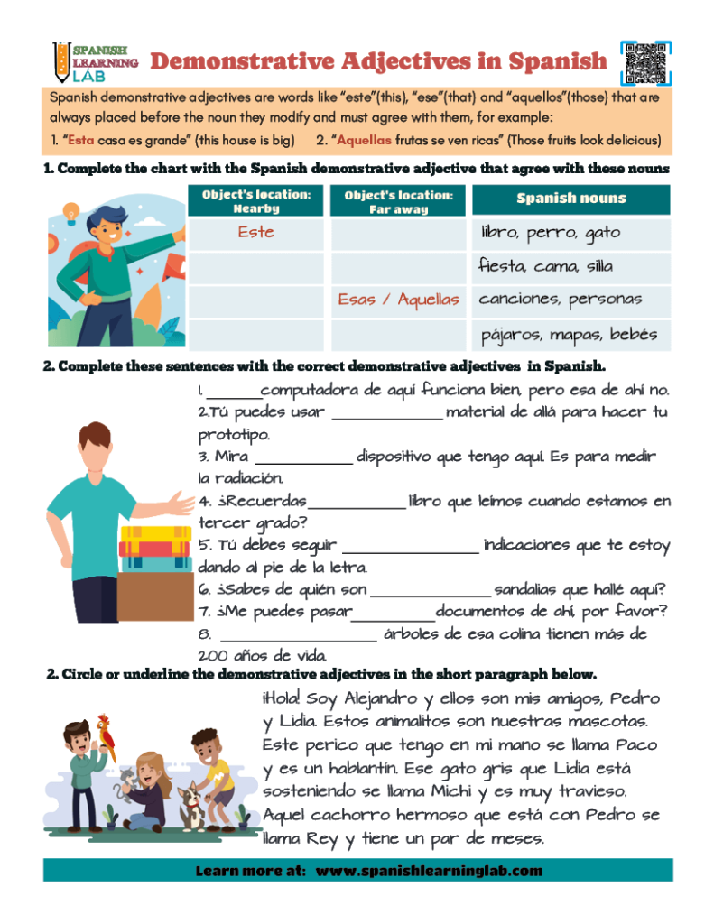 Demonstrative adjectives in Spanish PDF grammar Worksheet with exercises