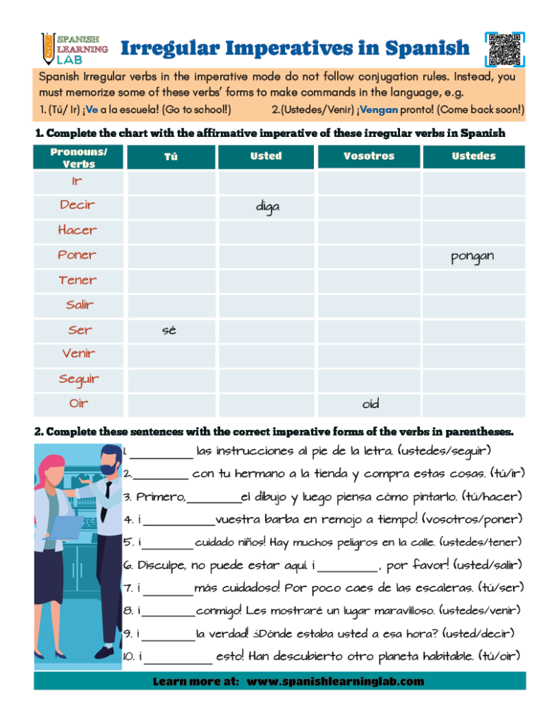 The imperative of irregular verbs in Spanish PDF worksheet with exercises