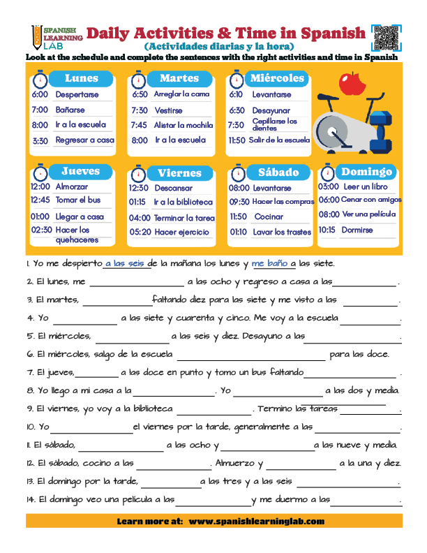 Daily activities and telling time in Spanish PDF Worksheet with exercises