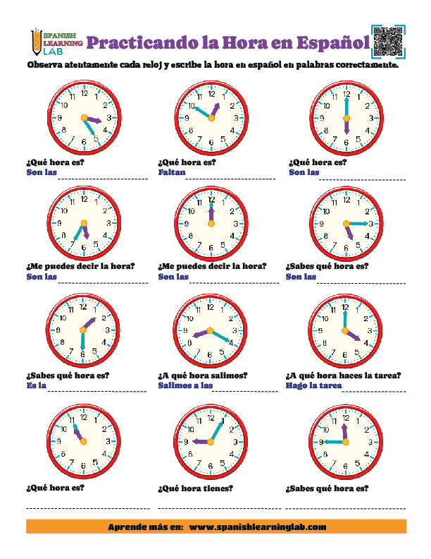 Ejercicios en PDF para practicar las formas de decir la Hora en Español