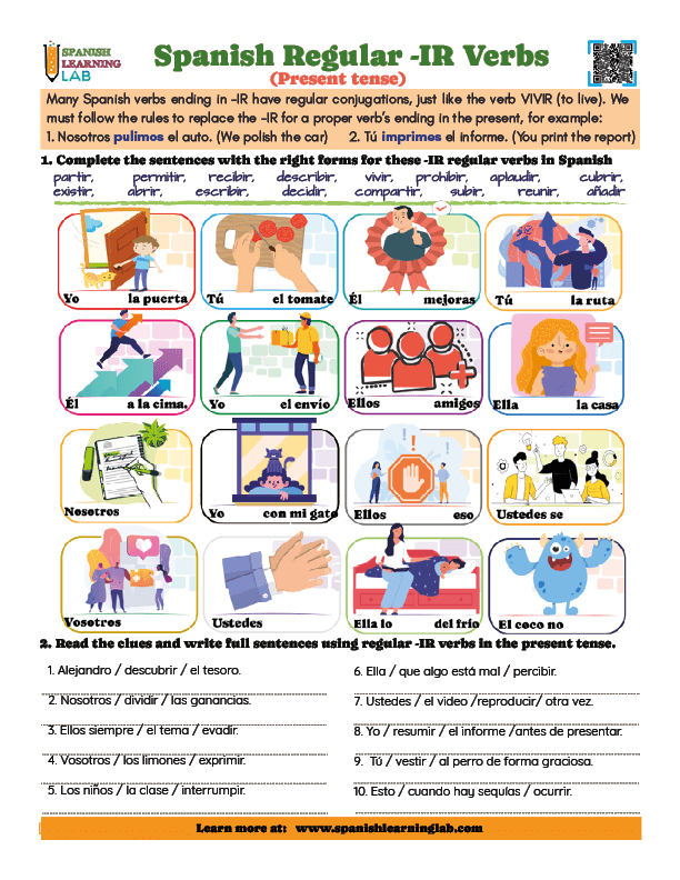 A PDF worksheet with grammar exercises about IR ending Regular verbs in Spanish