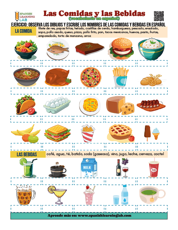 La Comida y las Bebidas en Español - Ejercicios de vocabulario en PDF