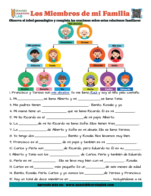 Los Miembros de la Familia en Español Ejercicios de vocabulario en PDF