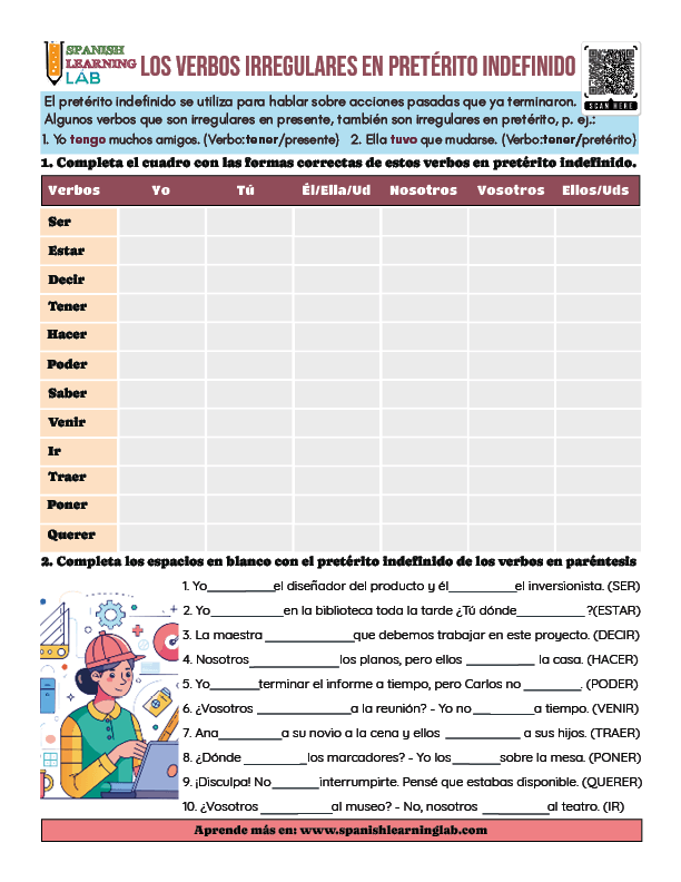 Los Verbos irregulares en el pretérito indefinido en español ejercicios de gramática en pdf