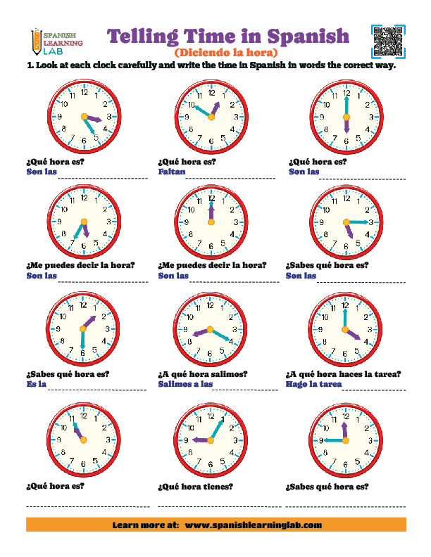 Practice ways for Telling time in Spanish with clocks on a PDF Worksheet