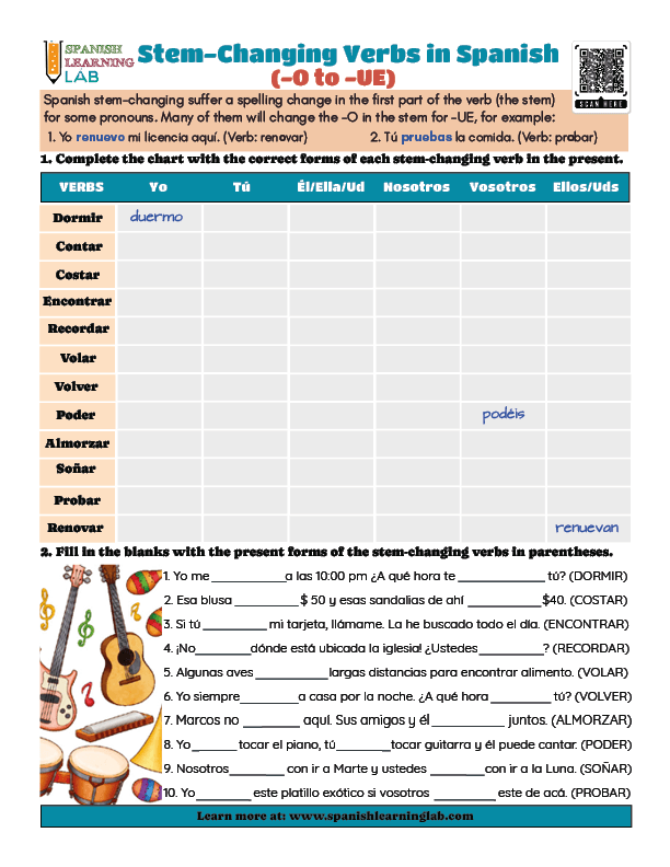A PDF Worksheet about Stem Changing verbs O to UE in Spanish with two exercises