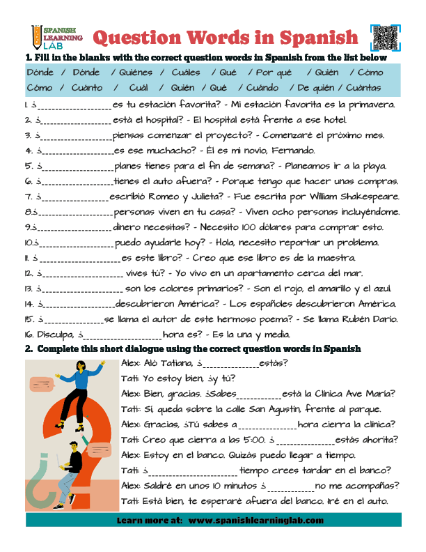 Basic Question Words in Spanish PDF Worksheet with vocabulary exercises