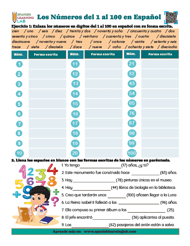 Escribiendo Los Números del 1 al 100 en Español Ejercicios de vocabulario en PDF