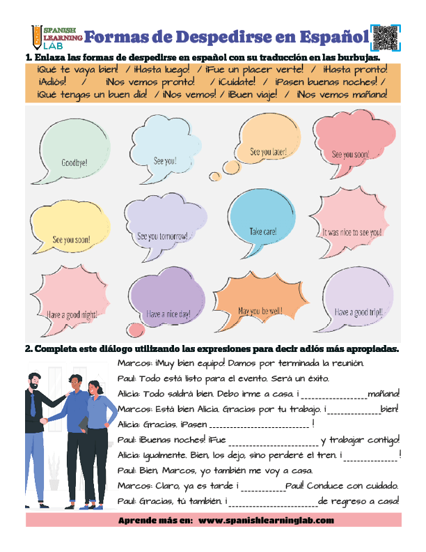 Formas de despedirse en español ejercicios de vocabulario básico en PDF
