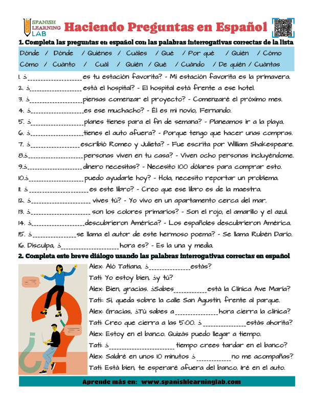 Haciendo Preguntas en Español con palabras interrogativas ejercicios de vocabulario en PDF