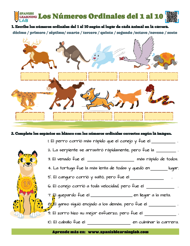 Los Números Ordinales del 1 al 10 Ejercicios de vocabulario en PDF con oraciones