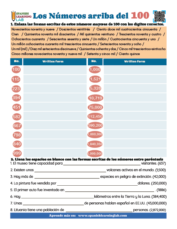 Los números mayores o arriba del 100 en español Ejercicios de vocabulario en PDF