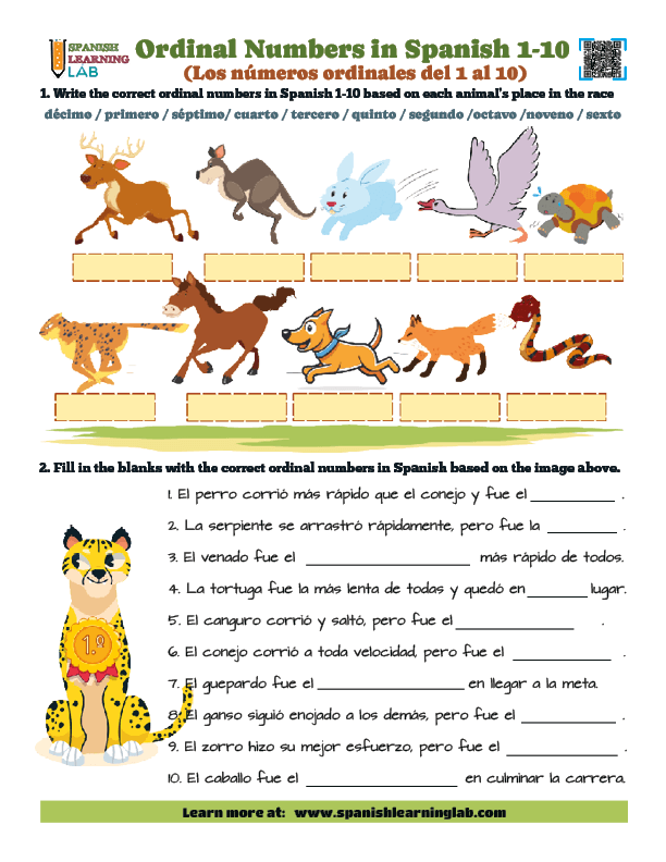 Ordinal Numbers in Spanish 1-10 PDF Worksheet with sentences and vocabulary exercises