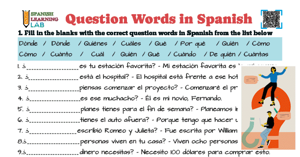 A PDF worksheet with exercises about question words in spanish