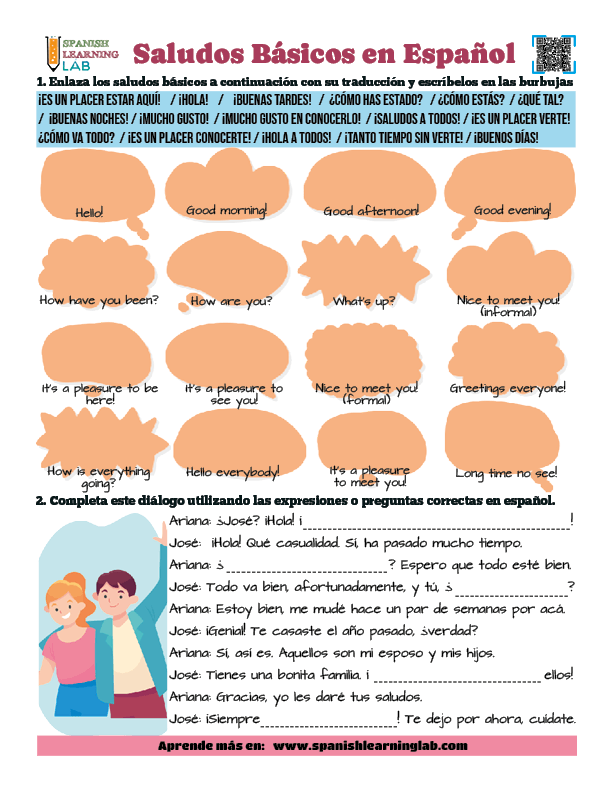 Saludos básicos en español ejercicios de vocabulario en PDF con oraciones