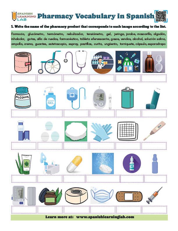 Pharmacy vocabulary in spanish pdf worksheet with exercises