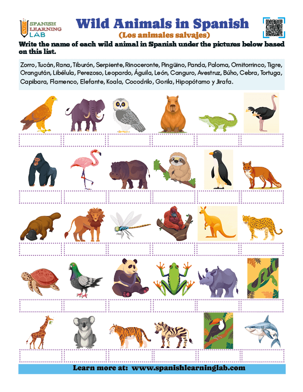 Wild Animals in Spanish - PDF Worksheet with vocabulary exercises